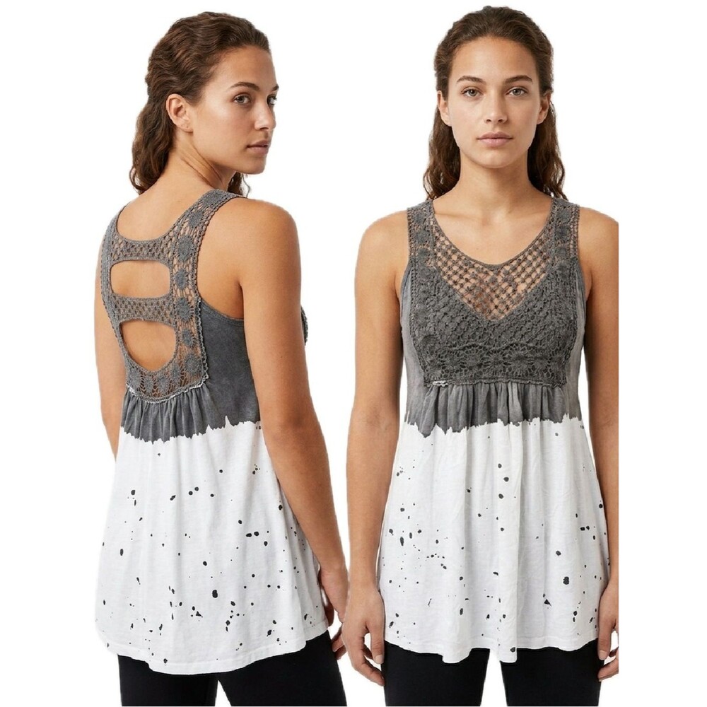 T Party Crochet Lace Cut-Out Back Tank Top Paint Splatter Mineral Wash Gray S
